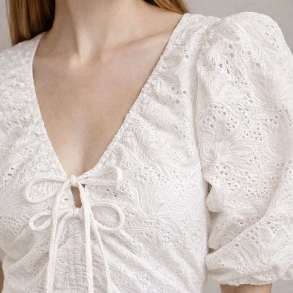 Nicholas‎ Danni Dress White Featherington Eyelet Puff Sleeve Mini Dress Size 8